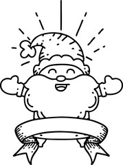 banner with black line work tattoo style happy santa claus christmas character