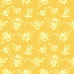 Primrose Yellow Honey Bee Flying Insects Vector Seamless Pattern for Textile Design