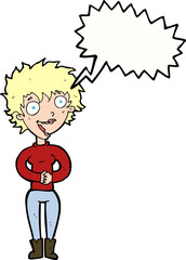 cartoon crazy excited woman with speech bubble
