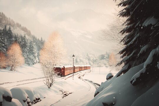 Scenic winter landscape with train in mountains, created using generative ai technology