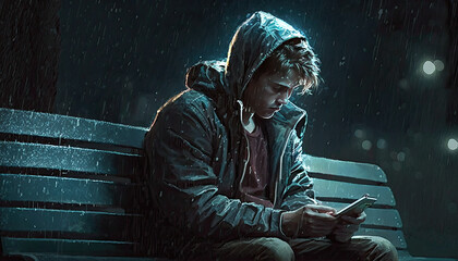 Depressed young guy sitting on a bench