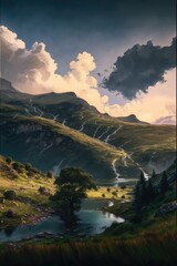 Scenic landscape with mountains, stream and sky with clouds, created using generative ai technology