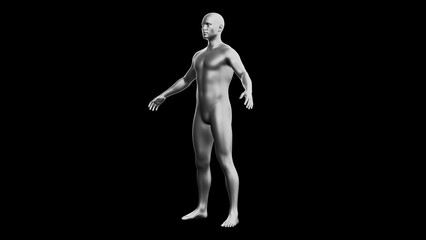 Beautiful young man posing, isolated on black background. 3d illustration (rendering). Silver mannequin, android