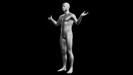 Beautiful young man posing, isolated on black background. 3d illustration (rendering). Silver mannequin, android