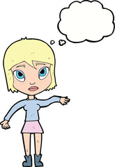 cartoon woman waving hand with thought bubble
