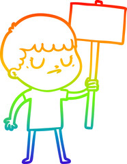 rainbow gradient line drawing cartoon grumpy boy with placard