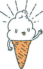 traditional tattoo style ice cream character waving
