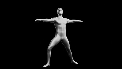 Beautiful young man posing, isolated on black background. 3d illustration (rendering). Silver mannequin, android