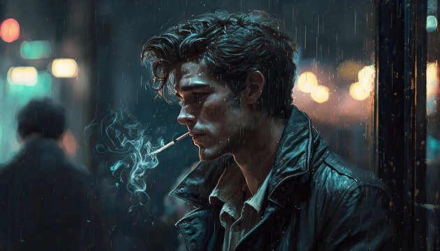 Handsome guy smoking a cigarette in the rain