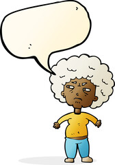 cartoon annoyed old woman with speech bubble