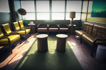 Office waiting room with modern furniture and window, created using generative ai technology