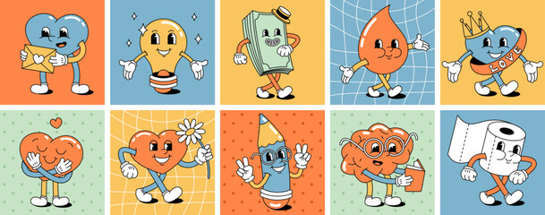 A set of funny happy cartoon characters in the style of the 70s, 60s. Hearts. Positive and good vibes