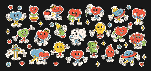 A set of stickers of funny happy cartoon characters. Heart and flowers. Positive and good vibes