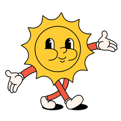 Funny happy cartoon sun with rays. Children's character, 70s style. Positive and good vibes, hippies
