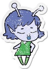 distressed sticker of a cute alien girl cartoon