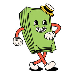 Funny happy cartoon Brain with glasses reads and learns. The style of the 60s, 70s. Positive and good vibes