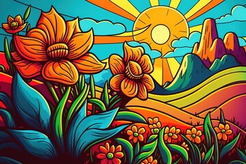 colorful flowers, Spring illustration digital art for background, created using generative ai