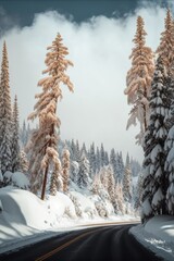 Scenic winter snow landscape with road in forest, created using generative ai technology