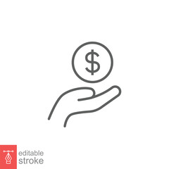 Salary, sell, money, business, buy, hand line icon. Simple outline style. Save, cash, coin, currency, dollar, finance concept. Vector illustration isolated on white background. Editable stroke EPS 10.