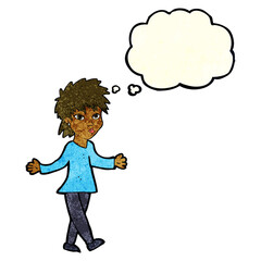cartoon woman shrugging shoulders with thought bubble