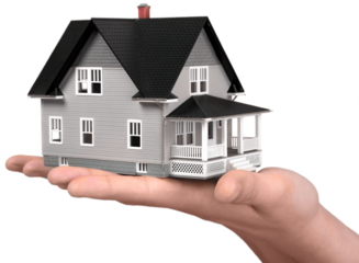 Building, mortgage, real estate and property concept - close up of hand holding house model