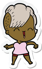 sticker of a cartoon happy hipster girl