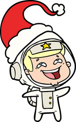 line drawing of a laughing astronaut wearing santa hat