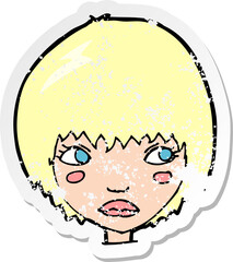 retro distressed sticker of a cartoon unhappy girl