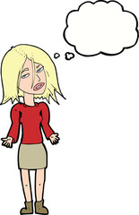 cartoon woman shrugging shoulders with thought bubble