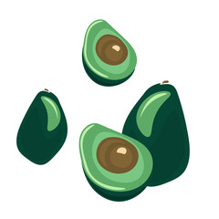 Avocado. Bright green whole fruit, half, with seed. Avocado crop. Vector illustration.
