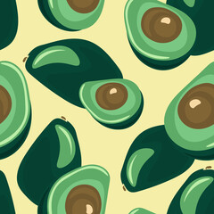 Seamless vector drawing with avocado. Fruit sketch of green avocado on yellow background.
Botanical drawing for printing on textiles, gift paper, banners, menus. Avocado Harvest.