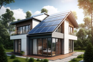House with solar panels on roof, created using generative ai technology