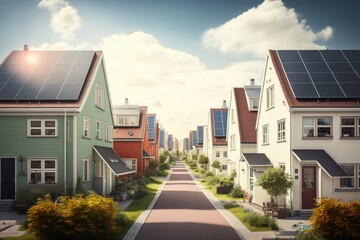 Rows of houses with solar panels on roofs created using generative ai technology