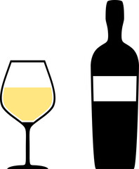 White Wine Glass and Bottle Icon Set. Vector Image.