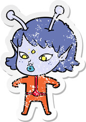 distressed sticker of a pretty cartoon alien girl