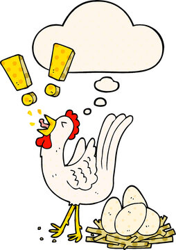 cartoon chicken laying egg and thought bubble in comic book style