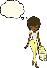 cartoon woman going to bed with thought bubble