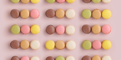 Macaroon pattern on pink background, colorful french cookies pattern. Gift for 8 March, International Women's Day, Valentine Day