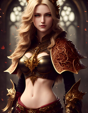 Digital painting of a female fantasy character. Blonde  hair and beautiful face wearing skimpy medieval armor. Generative Ai