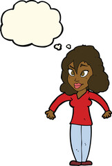 cartoon woman shrugging shoulders with thought bubble
