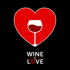 Red Heart and Glass Wine. Drink Love Logo. Vector illustration