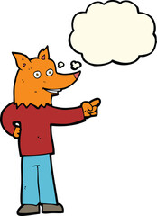 cartoon fox man pointing with thought bubble