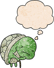 cute cartoon old turtle and thought bubble in grunge texture pattern style