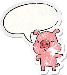 cartoon angry pig pointing and speech bubble distressed sticker