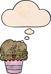 cartoon cupcake with face and thought bubble in grunge texture pattern style