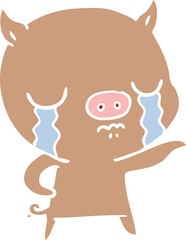 flat color style cartoon pig crying pointing