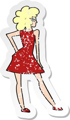 retro distressed sticker of a cartoon woman posing in dress