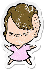 distressed sticker of a cartoon annoyed hipster girl