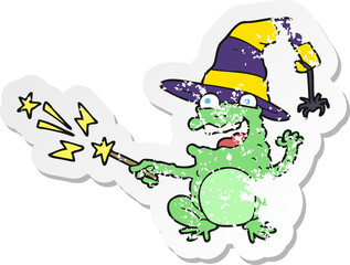 retro distressed sticker of a cartoon toad casting spell