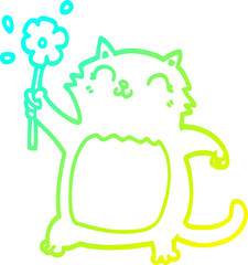 cold gradient line drawing cartoon cat with flower